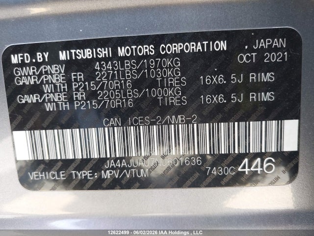 2022 Mitsubishi Rvr Es მანქანა იყიდება აუქციონზე, vin: JA4AJUAU7NU601636, აუქციონის ნომერი: 12622499