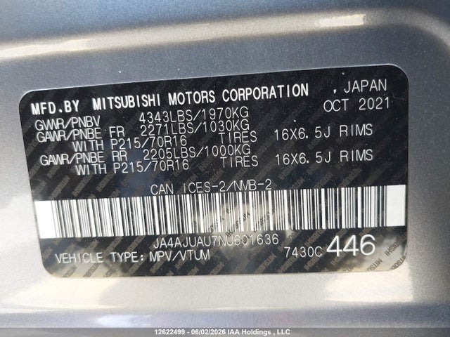 2022 Mitsubishi Rvr Es მანქანა იყიდება აუქციონზე, vin: JA4AJUAU7NU601636, აუქციონის ნომერი: 12622499