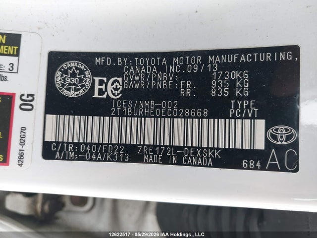 Aukcja sprzedaży 2014 Toyota Corolla S, vin: 2T1BURHE0EC028668, numer aukcji: 12622517