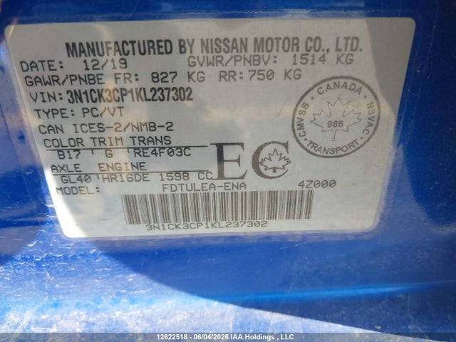 2019 Nissan Micra S/sr/sv მანქანა იყიდება აუქციონზე, vin: 3N1CK3CP1KL237302, აუქციონის ნომერი: 12622518