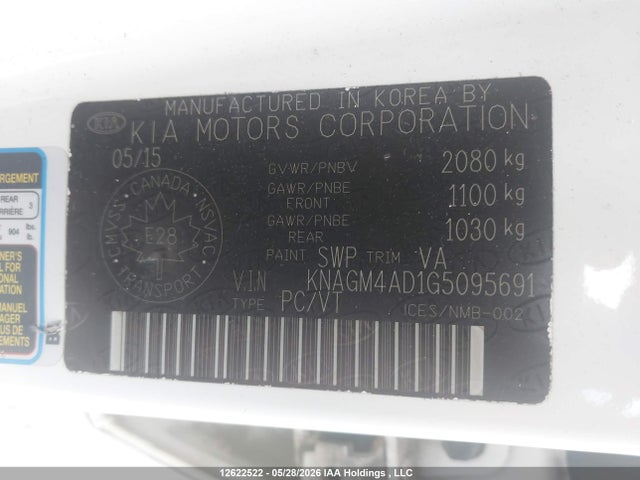12622522 :رقم المزاد ، KNAGM4AD1G5095691 vin ، 2016 Kia Optima Hybrid مزاد بيع