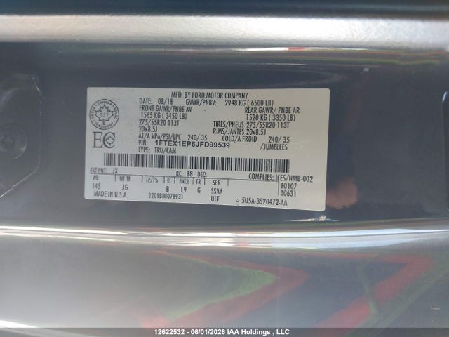 2018 Ford F150 Super Cab მანქანა იყიდება აუქციონზე, vin: 1FTEX1EP6JFD99539, აუქციონის ნომერი: 12622532