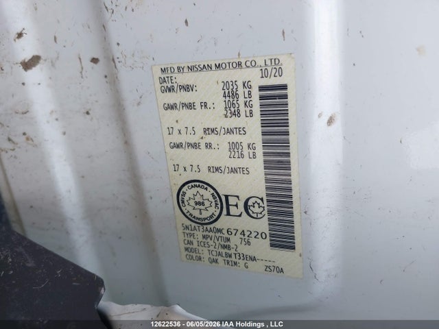 12622536 :رقم المزاد ، 5N1AT3AA0MC674220 vin ، 2021 Nissan Rogue S مزاد بيع