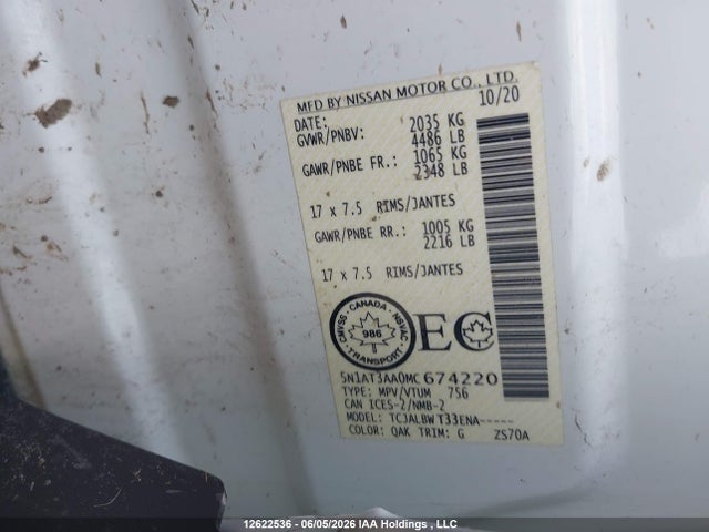 12622536 :رقم المزاد ، 5N1AT3AA0MC674220 vin ، 2021 Nissan Rogue S مزاد بيع