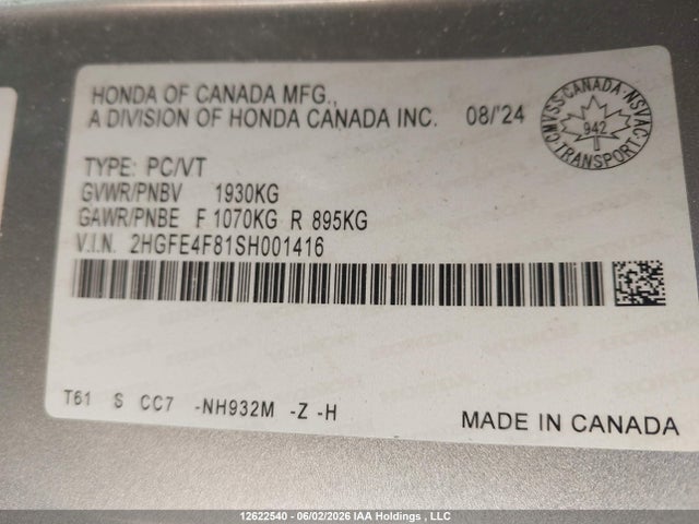 12622540 :رقم المزاد ، 2HGFE4F81SH001416 vin ، 2025 Honda Civic Sport Hybrid/sport Touring Hybrid مزاد بيع