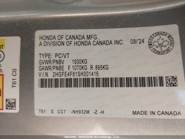 12622540 :رقم المزاد ، 2HGFE4F81SH001416 vin ، 2025 Honda Civic Sport Hybrid/sport Touring Hybrid مزاد بيع