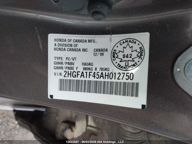 12622547 :رقم المزاد ، 2HGFA1F45AH012750 vin ، 2010 Honda Civic Dx-g مزاد بيع