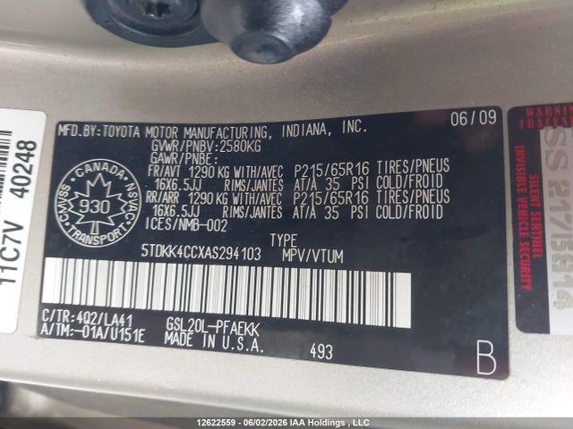 12622559 :رقم المزاد ، 5TDKK4CCXAS294103 vin ، 2010 Toyota Sienna Le 7 Passenger مزاد بيع