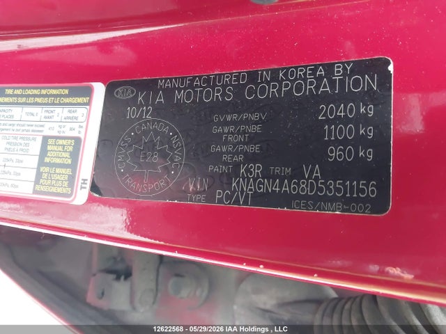 Продажа на аукционе авто 2013 Kia Optima Ex Turbo/ex Turbo +, vin: KNAGN4A68D5351156, номер лота: 12622568
