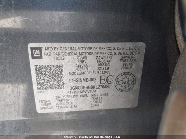12622573 :رقم المزاد ، 3GNCJPSB8KL270480 vin ، 2019 Chevrolet Trax Lt مزاد بيع