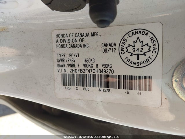Продаж на аукціоні авто 2012 Honda Civic Lx, vin: 2HGFB2F47CH049370, номер лоту: 12622579