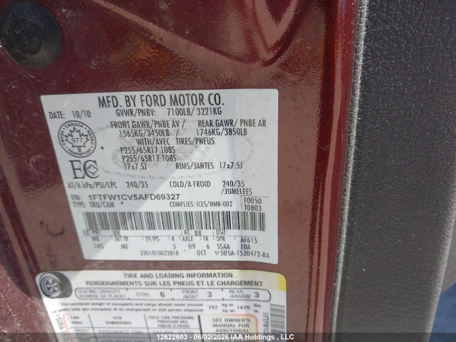 2010 Ford F-150 Xlt მანქანა იყიდება აუქციონზე, vin: 1FTFW1CV5AFD69327, აუქციონის ნომერი: 12622603