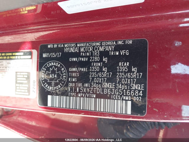 12622604 :رقم المزاد ، 5XYZTDLB6JG516684 vin ، 2018 Hyundai Santa Fe Sport 2.4 Base مزاد بيع