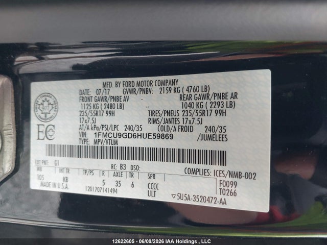 12622605 :رقم المزاد ، 1FMCU9GD6HUE59869 vin ، 2017 Ford Escape Se مزاد بيع