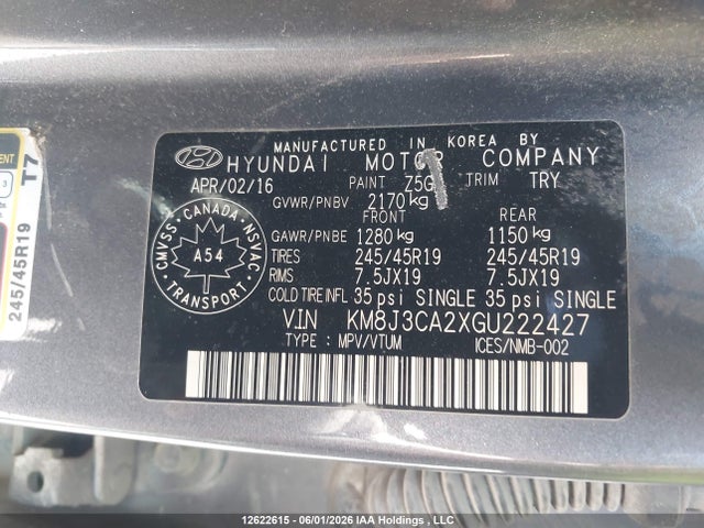 Продажа на аукционе авто 2016 Hyundai Tucson Limited/sport And Eco/se, vin: KM8J3CA2XGU222427, номер лота: 12622615
