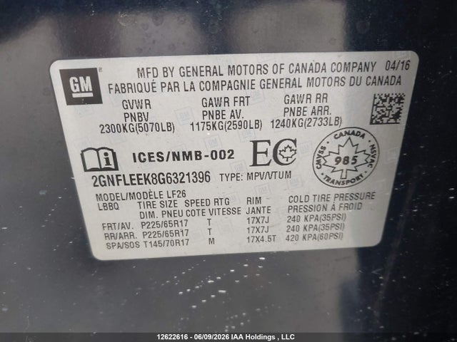 Aukcja sprzedaży 2016 Chevrolet Equinox, vin: 2GNFLEEK8G6321396, numer aukcji: 12622616