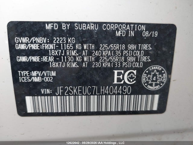 12622642 :رقم المزاد ، JF2SKEUC7LH404490 vin ، 2020 Subaru Forester Limited مزاد بيع