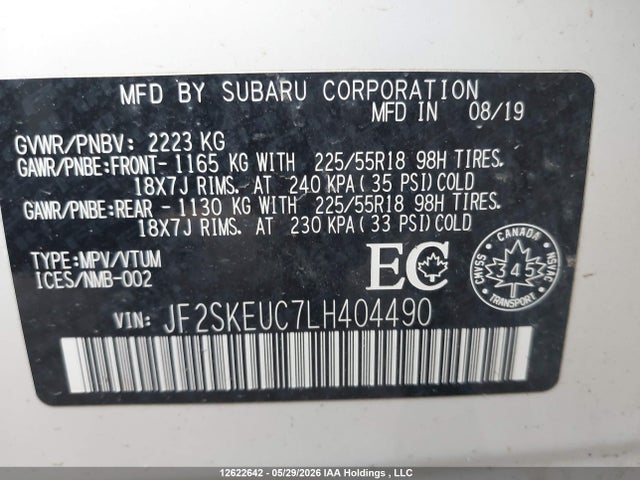12622642 :رقم المزاد ، JF2SKEUC7LH404490 vin ، 2020 Subaru Forester Limited مزاد بيع
