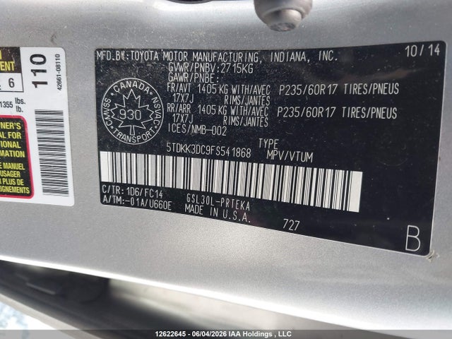 5TDKK3DC9FS541868 Toyota Sienna Le 8 Passenger