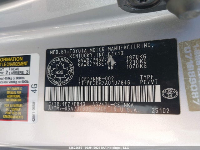 2010 Toyota Camry მანქანა იყიდება აუქციონზე, vin: 4T1BF3EK7AU107846, აუქციონის ნომერი: 12622656