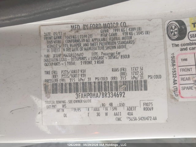 Продажа на аукционе авто 2011 Ford Fusion Se, vin: 3FAHP0HA7BR334692, номер лота: 12622658