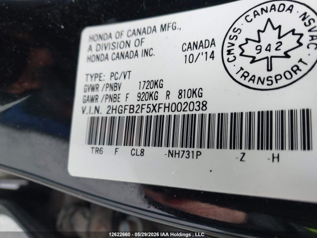 Продаж на аукціоні авто 2015 Honda Civic Ex, vin: 2HGFB2F5XFH002038, номер лоту: 12622660