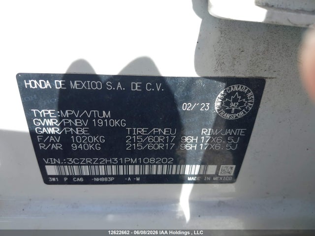 2023 Honda Hr-v Lx მანქანა იყიდება აუქციონზე, vin: 3CZRZ2H31PM108202, აუქციონის ნომერი: 12622662