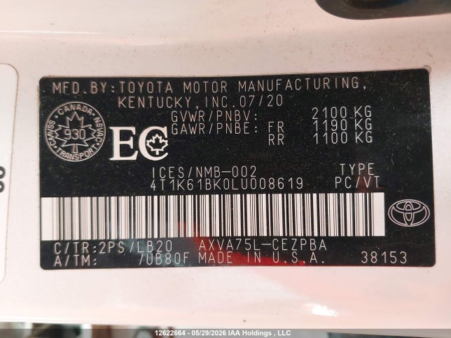 2020 Toyota Camry მანქანა იყიდება აუქციონზე, vin: 4T1K61BK0LU008619, აუქციონის ნომერი: 12622664