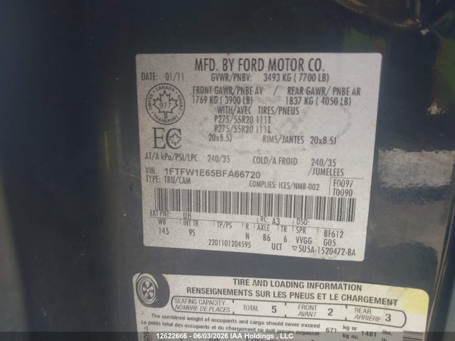 Auction sale of the 2011 Ford F-150 Platinum, vin: 1FTFW1E65BFA66720, lot number: 12622666