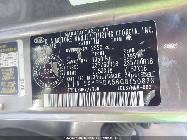Продажа на аукционе авто 2016 Kia Sorento Ex, vin: 5XYPHDA56GG150823, номер лота: 12622667