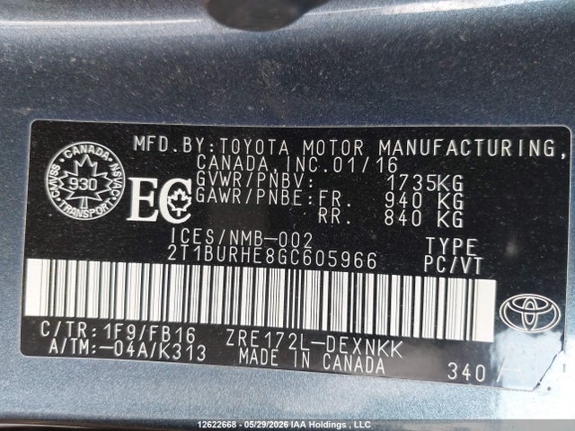 2016 Toyota Corolla L/le/le Pls/prm/s/s Pls მანქანა იყიდება აუქციონზე, vin: 2T1BURHE8GC605966, აუქციონის ნომერი: 12622668