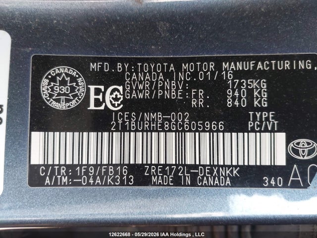 2016 Toyota Corolla L/le/le Pls/prm/s/s Pls მანქანა იყიდება აუქციონზე, vin: 2T1BURHE8GC605966, აუქციონის ნომერი: 12622668