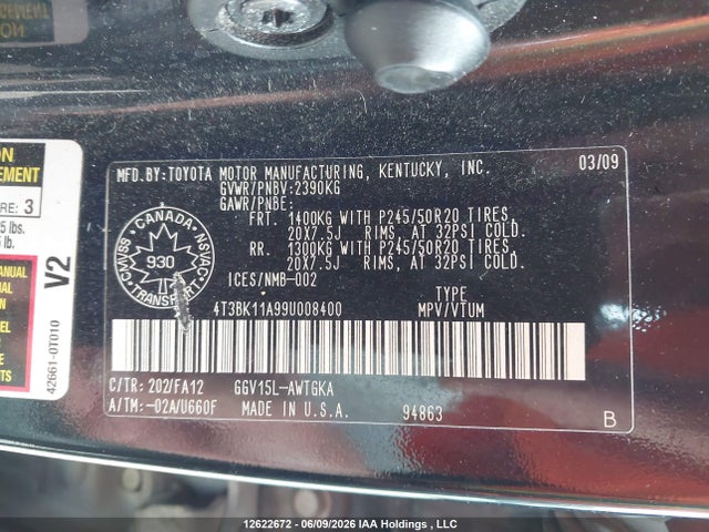 Aukcja sprzedaży 2009 Toyota Venza Base V6, vin: 4T3BK11A99U008400, numer aukcji: 12622672