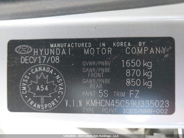 2009 Hyundai Accent მანქანა იყიდება აუქციონზე, vin: KMHCN45C59U335023, აუქციონის ნომერი: 12622684