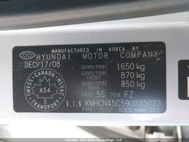 2009 Hyundai Accent მანქანა იყიდება აუქციონზე, vin: KMHCN45C59U335023, აუქციონის ნომერი: 12622684