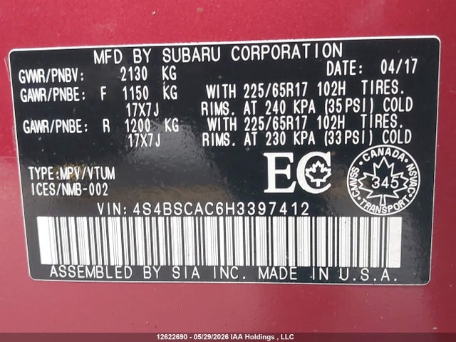 Subaru Legacy Outback 2017 4S4BSCAC6H3397412 Image 9