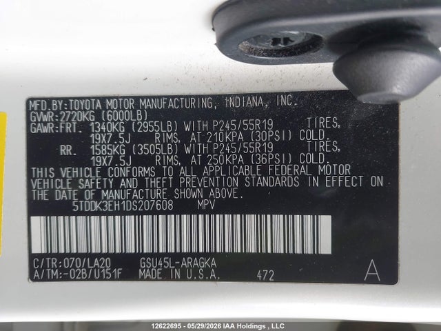 Aukcja sprzedaży 2013 Toyota Highlander Limited, vin: 5TDDK3EH1DS207608, numer aukcji: 12622695