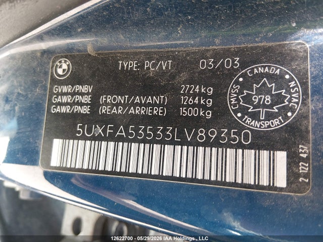 12622700 :رقم المزاد ، 5UXFA53533LV89350 vin ، 2003 Bmw X5 3.0i مزاد بيع