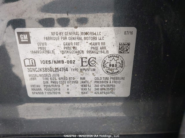 Aukcja sprzedaży 2016 Chevrolet Trax Ls, vin: 3GNCJKSB5GL254764, numer aukcji: 12622702
