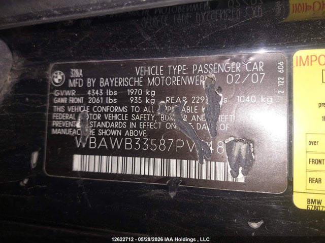 Продаж на аукціоні авто 2007 Bmw 328 I, vin: WBAWB33587PV74857, номер лоту: 12622712