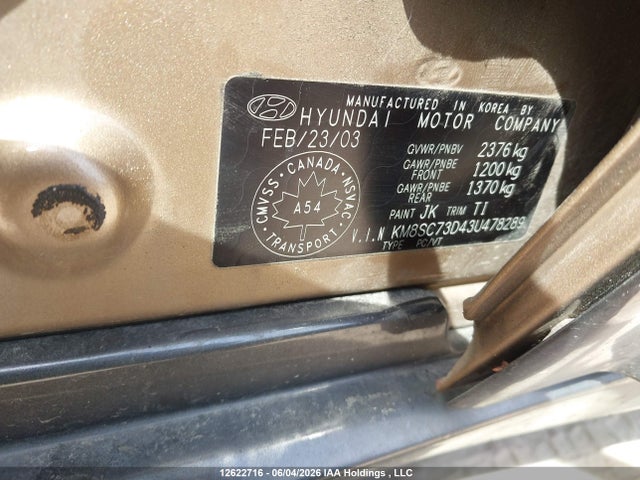 2003 Hyundai Santa Fe მანქანა იყიდება აუქციონზე, vin: KM8SC73D43U478289, აუქციონის ნომერი: 12622716