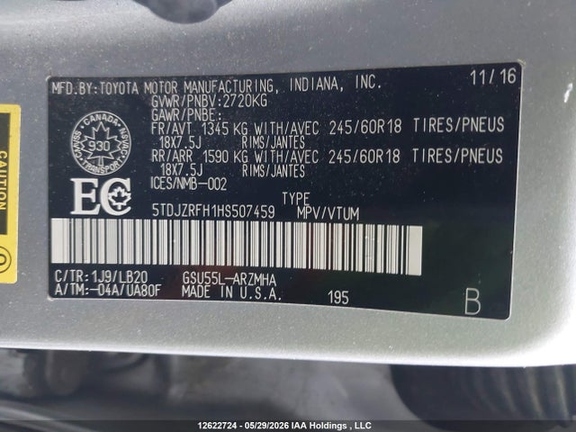 Продажа на аукционе авто 2017 Toyota Highlander Se/xle, vin: 5TDJZRFH1HS507459, номер лота: 12622724