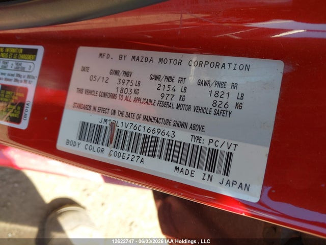 12622747 :رقم المزاد ، JM1BL1V76C1669643 vin ، 2012 Mazda Mazda3 Gs-sky مزاد بيع