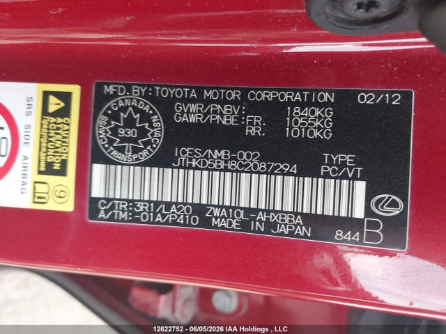12622752 :رقم المزاد ، JTHKD5BH8C2087294 vin ، 2012 Lexus Ct مزاد بيع