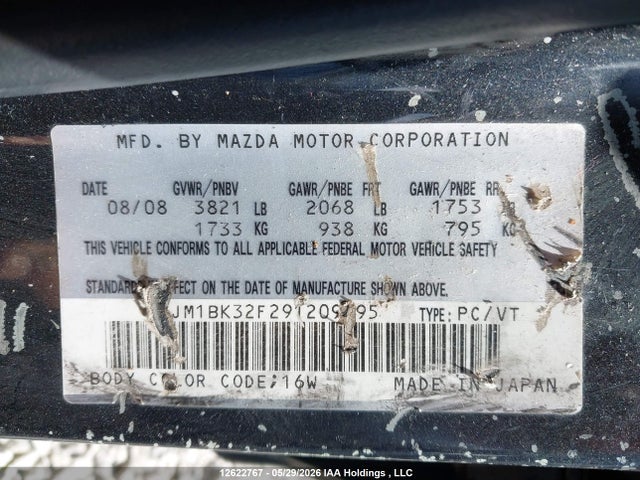 Aukcja sprzedaży 2009 Mazda 3 I, vin: JM1BK32F291209995, numer aukcji: 12622767