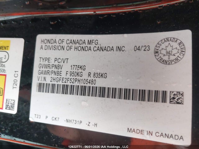 2023 Honda Civic Sport/sport-b მანქანა იყიდება აუქციონზე, vin: 2HGFE2F52PH105480, აუქციონის ნომერი: 12622771