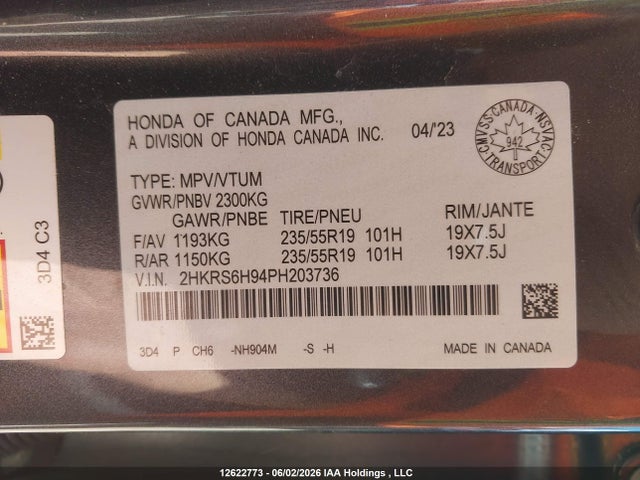 2023 Honda Cr-v Sport Touring მანქანა იყიდება აუქციონზე, vin: 2HKRS6H94PH203736, აუქციონის ნომერი: 12622773