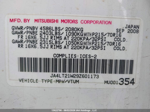 2009 Mitsubishi Outlander Es მანქანა იყიდება აუქციონზე, vin: JA4LT21W29Z601173, აუქციონის ნომერი: 12622786