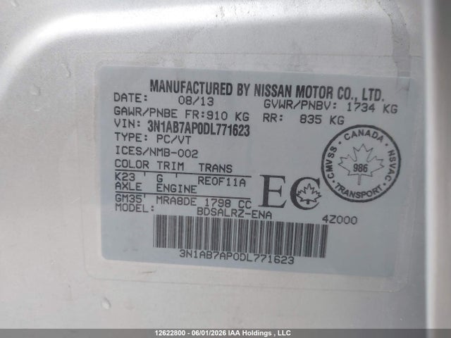 Продаж на аукціоні авто 2013 Nissan Sentra 1.8 S/1.8 Sv, vin: 3N1AB7AP0DL771623, номер лоту: 12622800