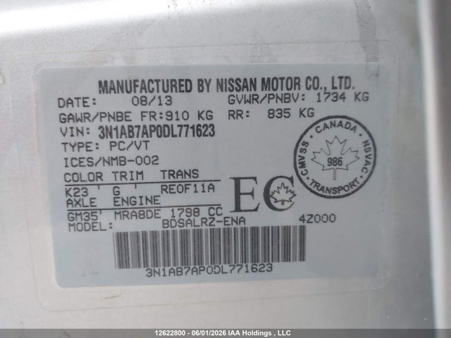 Продаж на аукціоні авто 2013 Nissan Sentra 1.8 S/1.8 Sv, vin: 3N1AB7AP0DL771623, номер лоту: 12622800